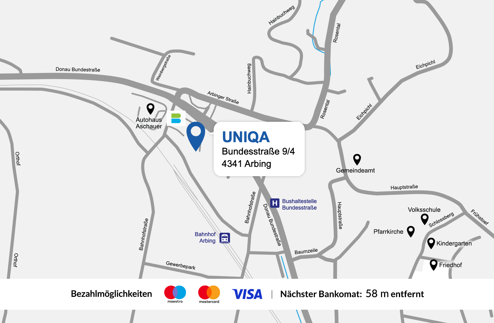 Eine Gezeichnete Karte vom Standort der UNIQA Generalagentur Lehner..